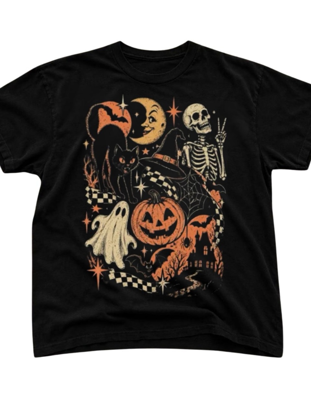 Black Halloween Graphic Tee with Orange and Cream Accents